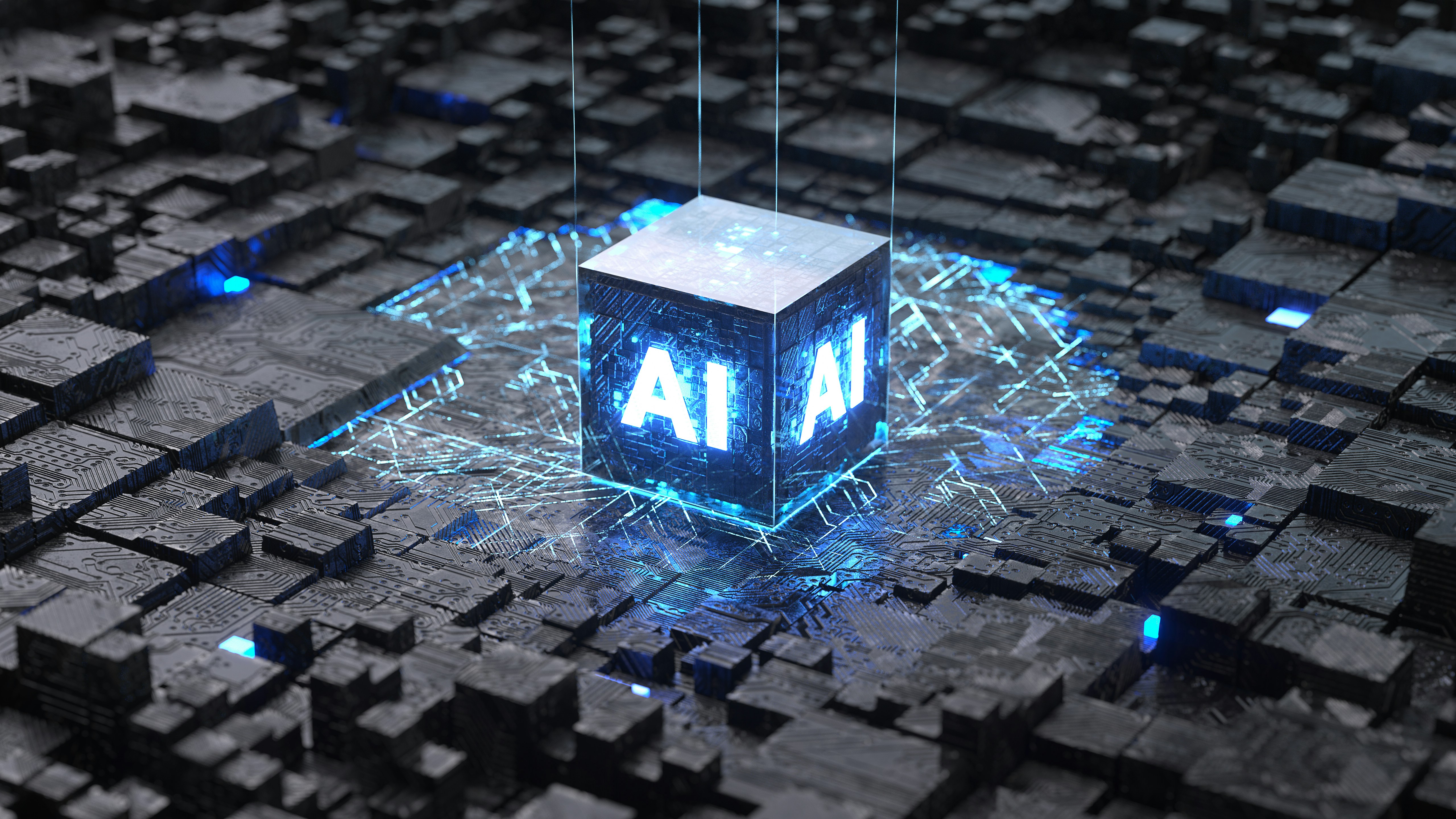 AI cube surrounded by abstract cube terrain.